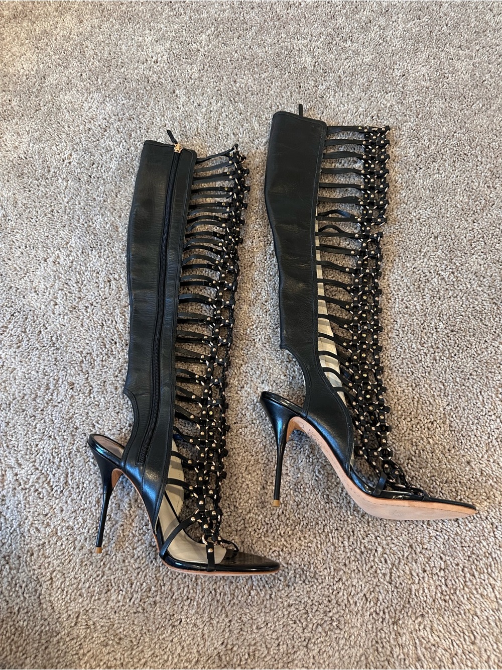 Sophia Webster Black Open Lattice Gold Studded Over-the-Knee Stiletto Boots - Picture 3 of 11